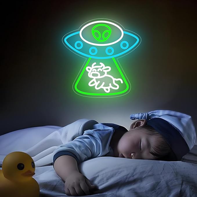 Alien Neon Sign Dimmable UFO Neon Signs for Wall Decor Bedroom Man Cave Alien Spaceship Cow Neon Sign for Kids Birthday Gift