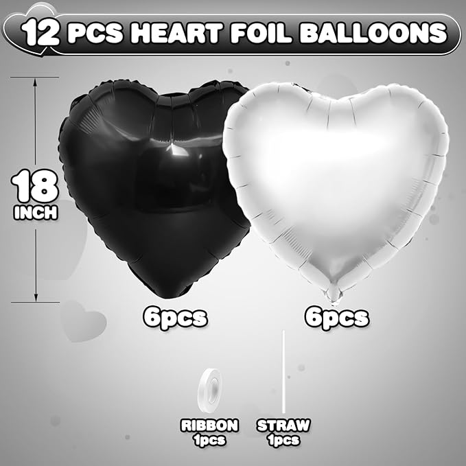 Black Silver Heart Balloons,12Pcs 18Inch Silver Black Heart Shaped Foil Helium Balloons for Baby Shower Birthday Anniversary Wedding Engagement Party Decorations