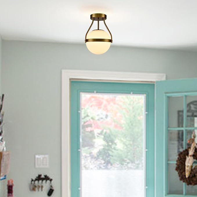 HOLKIRT Modern Semi Flush Mount Light, Mid Century Style 7Inch/18CM Brass Globe Ceiling Light with Opal Glass for Kitchen, Hallway, Bedroom