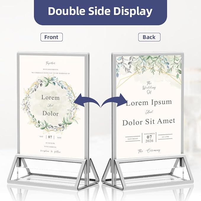 Clear Acrylic Sign Holder 5X7 with Silver Borders Display Stand, Double Sided Acrylic Picture Frames Plastic Sign Holder for Wedding Table Numbers Menu Holder (6 Pack)