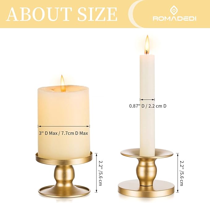 Candle Holders for Pillar Candles, Romadedi Gold Pillar & Taper Candle Holder, Small Metal Candle Stick Candle Holder for Wedding, Dining Room Table Centerpiece, Holiday Decor, 4 Pcs