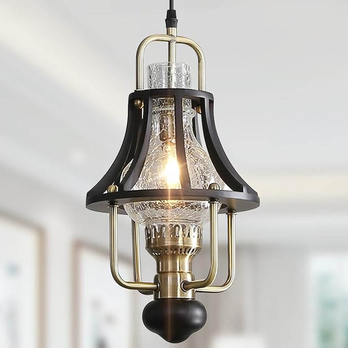 Farmhouse Chandelier Modern Hanging Light, Vintage Rustic Pendant Lights Fixture, Crackle Glass Shade, Wood & Metal Cage Base for Living Room Dining Room Foyer Kitchen Island Bedroom