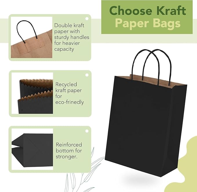 MESHA Gift Paper Bags 400 Pack 8X4.25X10.5 Black Medium Shopping Kraft Bags Bulk with Handles Reusable for Business,Grocery,Birthday,Wedding,Kids Party,Favors