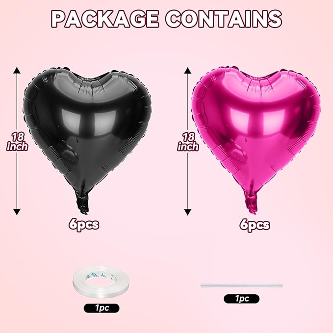 12 Pcs Heart Balloons, 18 inch Valentine's Day Balloons, Hot Pink Black Heart Foil Helium Balloon, Love Printed Foil Balloon for Valentine's Day Wedding Baby Shower Party Decorations