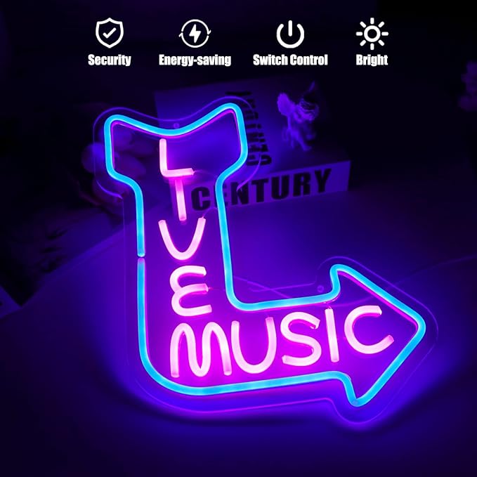 Live Music Neon Signs for Wall Decor LED Word Light Sign Pink Blue Neon Light Up Letters Sign for Bedroom Music Studio Rec Room Game Party Decor