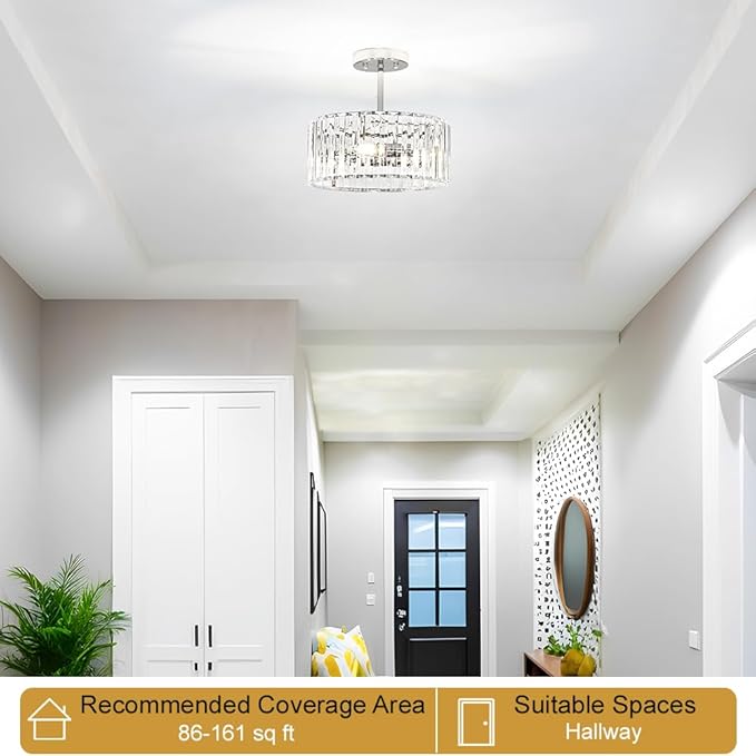 Modern Crystal Ceiling Light, Chrome Semi Flush Mount Ceiling Lighting Fixture, Hallway Light Fixtures Chandelier for Kitchen, Bedroom Dining Room Hallway Closet, 3-Light, 12 Inch