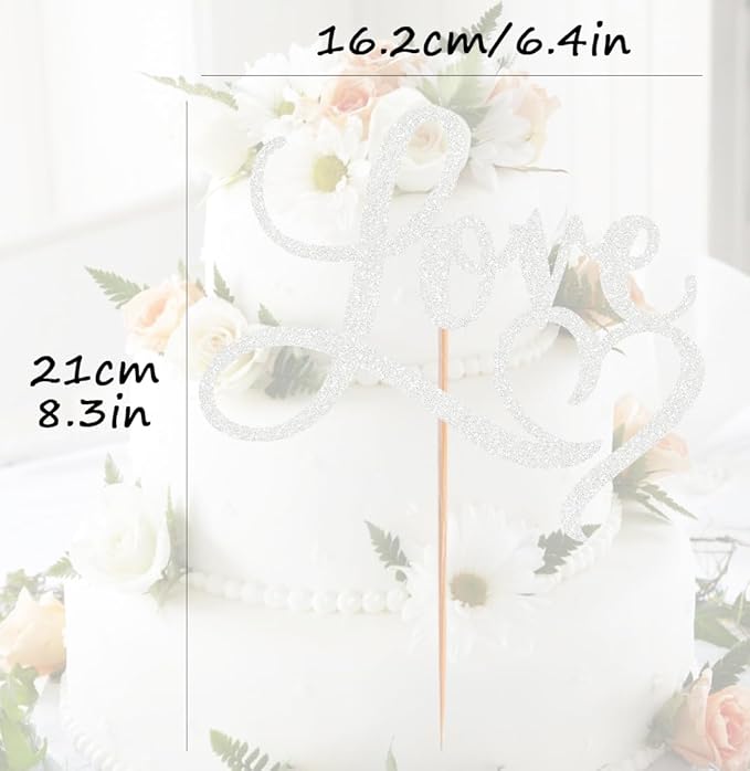 Love Cake Topper - Silver Glitter Paper Wedding Cake Decoration Supplies, Perfect for Bridal Shower/Engagement/Anniversary/Birthday Party