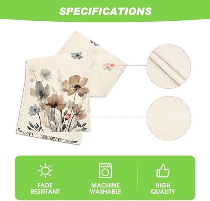 Artoid Mode Brown Poppy Floral Leaves Spring Table Runner, Seasonal Summer Kitchen Dining Table Decoration for Home Party Decor 13x60 Inch