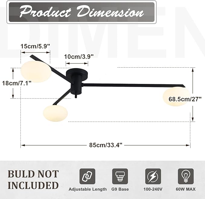 3-Light Modern Sputnik Chandelier with Milk Glass Shade - Black Flush Mount Ceiling Light for Kitchen