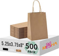 MESHA Kraft Paper Bags 5.25X3.75X8 Brown Small Gift Bags with Handles Bulk,500 Pcs for Small Business,Birthday Wedding Party Favor, Paper Shopping