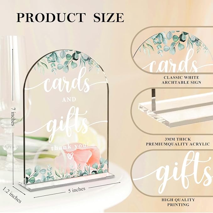 2 Pcs Acrylic Wedding Signs for Reception, Bridal Shower Decorations, Cards and Gifts Signs, Guest Book Sign, Arch Acrylic Table Top Sign with Holder for Wedding Reception (Clear Eucalyptus Leaves)
