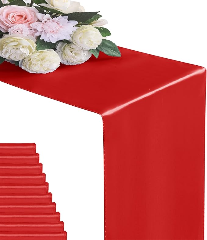 12Pack Table Runner 12 x 108 Inches Satin Silk Table Runner for Wedding, Birthday Party, Banquets, Graduations Decoration, fit Rectange and Round Table-Scarlet
