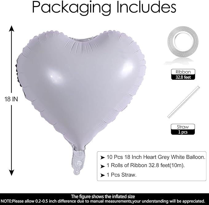 10Pcs Grey White Foil Heart Shaped Balloons 18 Inch Mylar for Baby Shower, Wedding, Valentine Decorations - Love Party Decor