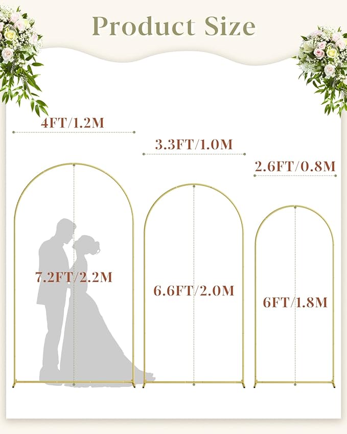 Wedding Arch Set of 3, Gold Metal Arch Backdrop Stand, Balloon Arch Stand Wedding Frame for Ceremony Decoration (Gold, 7.2FT, 6.6FT, 6FT Arch Backdrop)