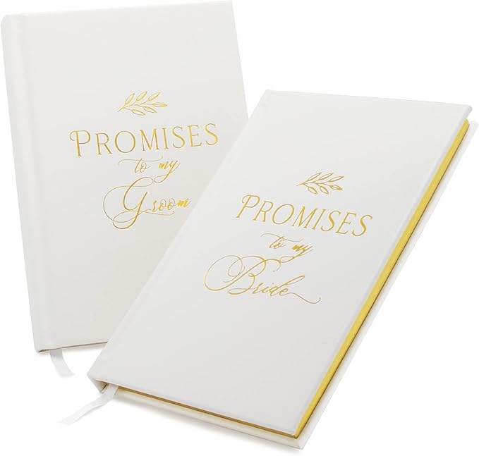 MUUJEE Promises To My Groom and Promises to My Bride Wedding Vow Books (Set of 2) - White Gold Foil Embossed Notebook Journal for Wedding Ceremony Vow Renewal - Wedding Gift Ideas