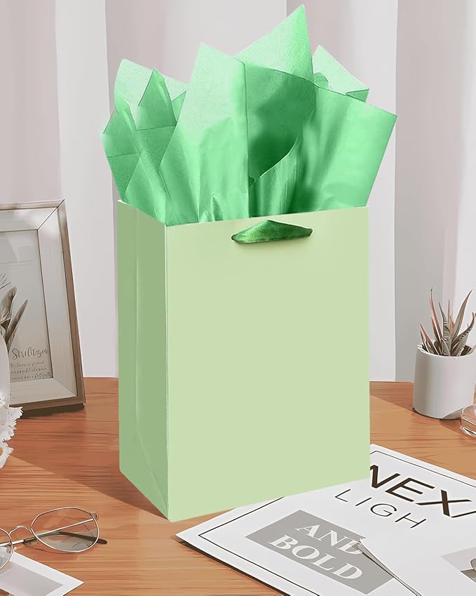 Gcardist Light Green Gift Bags with Tissue Paper for Wedding, Birthday, Party Supplies-7.9"x4.3"x9.6" Medium Size Cardboard Gift Bags（5pcs Bags +10pcs Tissue Paper ）