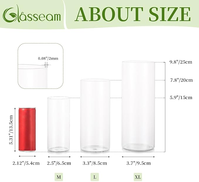 Glasseam Clear Cylinder Vases for Centerpieces, Glass Cylinder Vase Set of 6, Hurricane Vase for Flowers, Glass Cylinder Candle Holder for Pillar Candles, Floating Candle Vases for Wedding Decorations