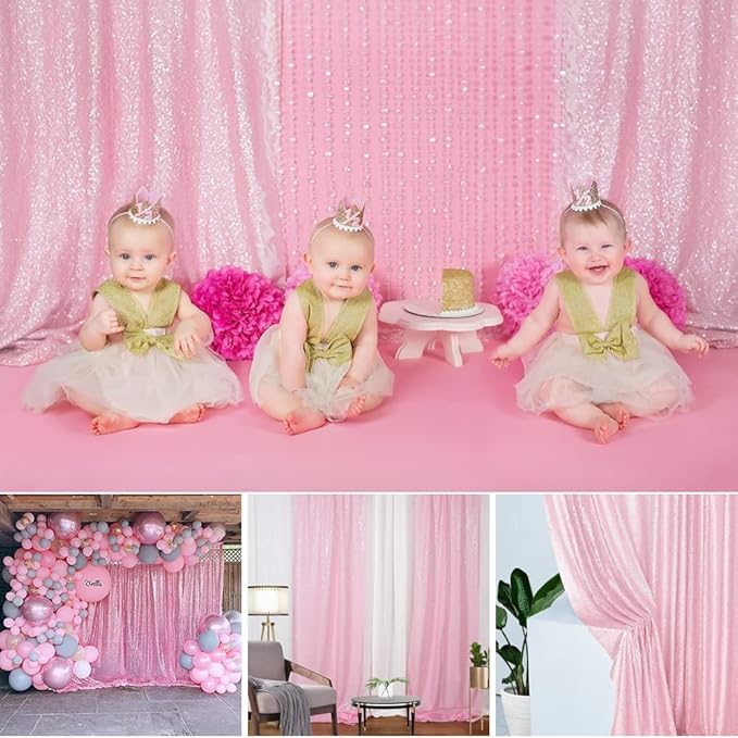 Pink Sequin Backdrop Curtains 4 Panels 2FTx8FT for Wedding, Birthday, Bridal Party, Photo Backdrop