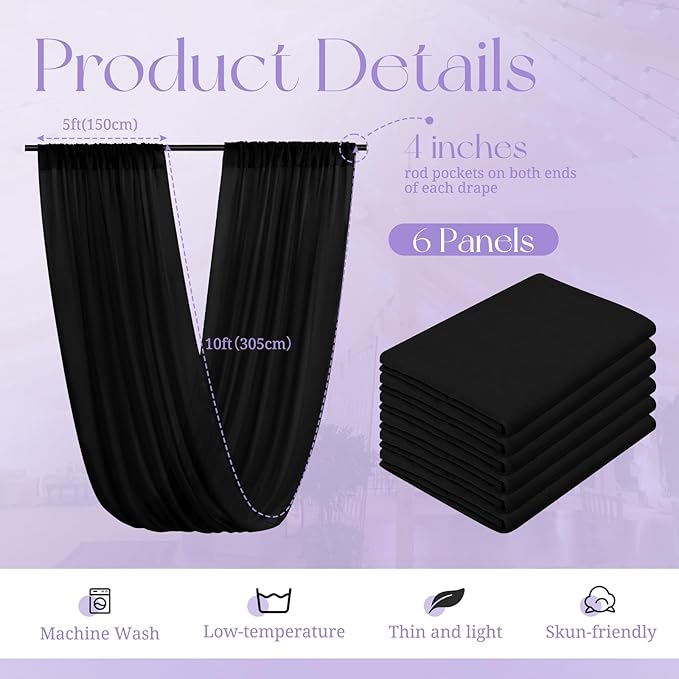 6 Panels Black Ceiling Drapes for Wedding, 5ftx10ft Ceiling Drapes Cheesecloth Sheer Fabric Curtain Wedding Arch Draping Fabric Romantic Ceilings Decorations for Weddings Party Ceremony Stage