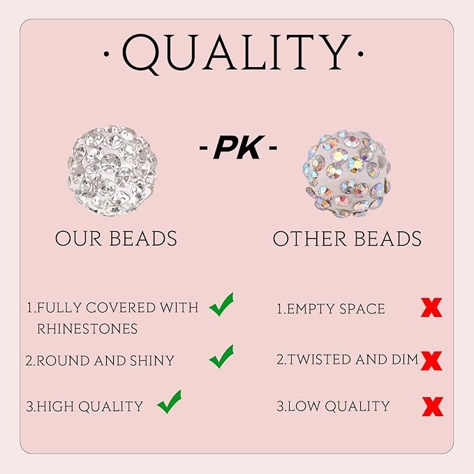 100pcs 10mm Rhinestone Beads for Jewelry Making, Pink White Shiny Round Shamballa Disco Ball Beads Bulk, Sparkle Crystal Clay Christmas for Bracelet Baseball Necklace Earring Crafting and DIY