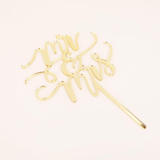 Mr and Mrs Cake Topper - Glitter Gold Acrylic Wedding Cake Decorations, Bride and Groom Cake Pick (Gold)