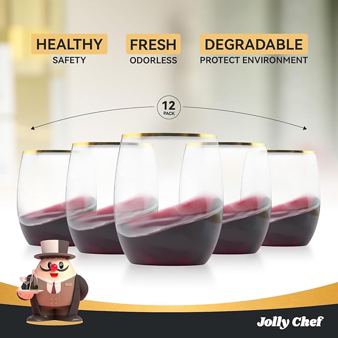 JOLLY CHEF 32 Pack 12oz Gold Plastic Wine Glasses Stemless, Disposable Wine Cupsty, Disposable Plastic Wine Cups for Party, Halloween, Christmas