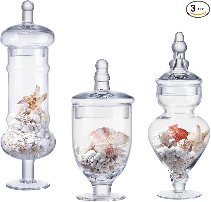 Set of 3 Apothecary Jar Glass Decorative Candy Jars Elegant Storage Candy Buffet Display, Wedding Candy Organizer Canisters (H: 9", 12.5", 14"; 20 FL.OZ, 23 FL.OZ and 28 FL.OZ)