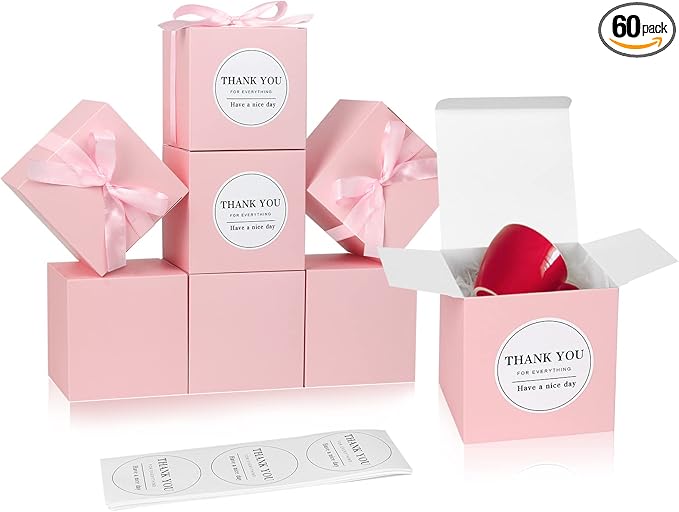 COTOPHER Small Gift Boxes 60 Pack 4x4x4 inches Pink Gift Boxes with Lids for Gifts, Crafting, Wedding Party Favor, Cupcake Boxes, Candy, Bridesmaids Proposal Box with Ribbons and Stickers (Pink, 60