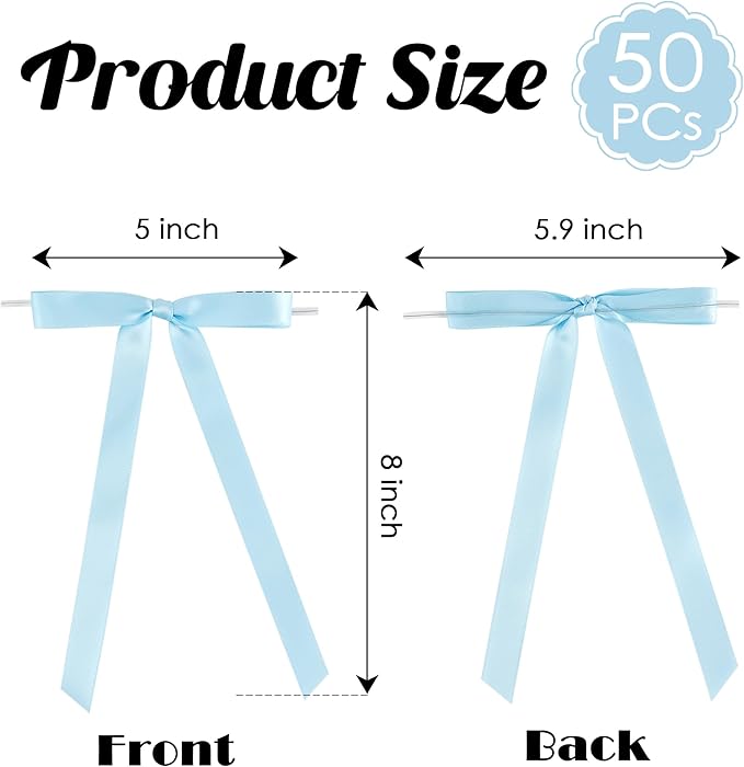 50 PCs Blue Bow 5 Inch Long Tail Bows for Gift Wrapping, Easter Bow Party Decorations, Twist Tie Bows, Satin Bows for Crafts, Premade Bows for Presents, Treat Bags, Bottles, Cakes