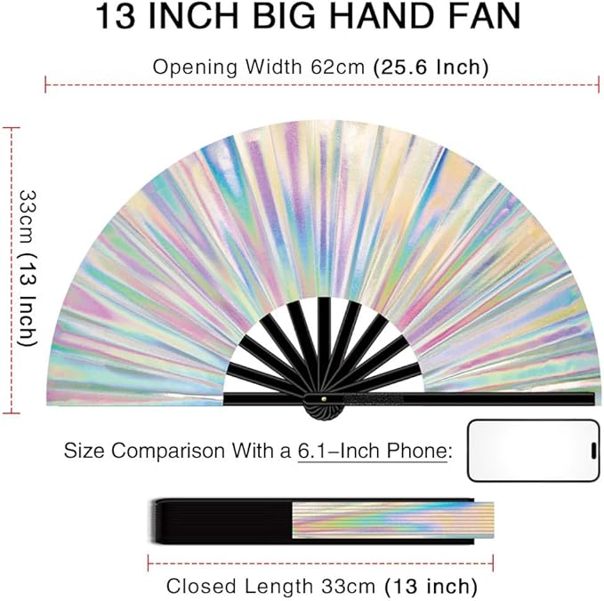 13" Large Folding Rave Fan with Holster, Clack Hand Fans Foldable for Line Dancing, Boots On The Ground Fan for Women Men Festival EDM Party Decoration, Holographic White