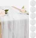 Set of 6 Pearl Table Runner 29 x 120 Inch White Tulle Fabric Lace Table Runners Boho Rustic Table Runners for Bridal Shower Birthday Party Wedding Arch Aisle Veil Dessert Table Decor(White)