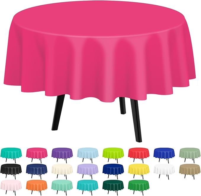 QIKSION Hot Pink Round Tablecloth 2 Pack, 84 Inch Plastic Table Cover Disposable for Parties