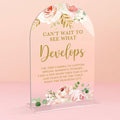 Acrylic Wedding Signs, Bridal Shower Decorations, Modern Calligraphy Arch Acrylic Table Top Sign for Wedding Reception and Engagement Parties - Can't Wait to See What Develops (Clear Pink Flowers)