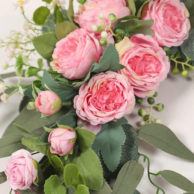 H&W 2pcs Artificial Wedding Arch Flowers for Wedding Sign, Floral Swag Dusty Decor for Reception Ceremony Backdrop Sweetheart Table(Willow Leaves-Peony-Pink)