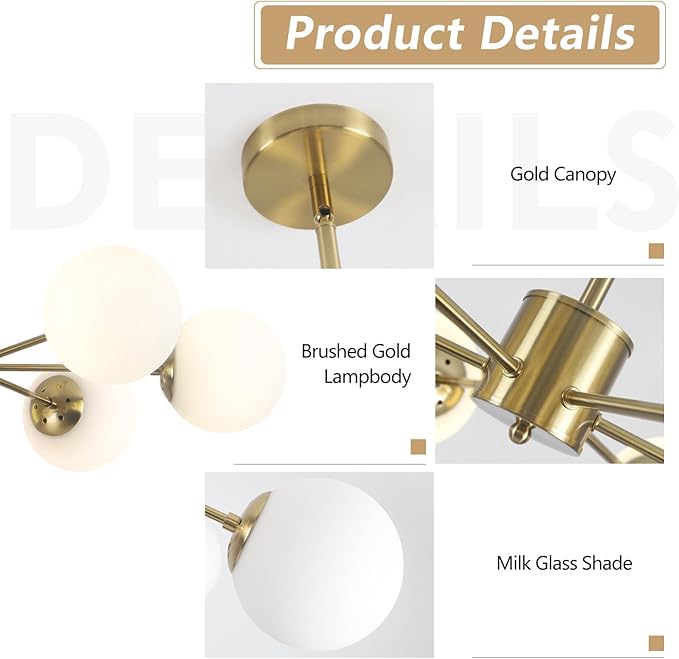 KCO 6-Light Globe Sputnik Chandelier Milk Glass Modern Gold Chandelier Light Fixture Mid Century Sputnik Chandeliers Pendant Lighting Brushed Brass Chandelier (Gold+White)