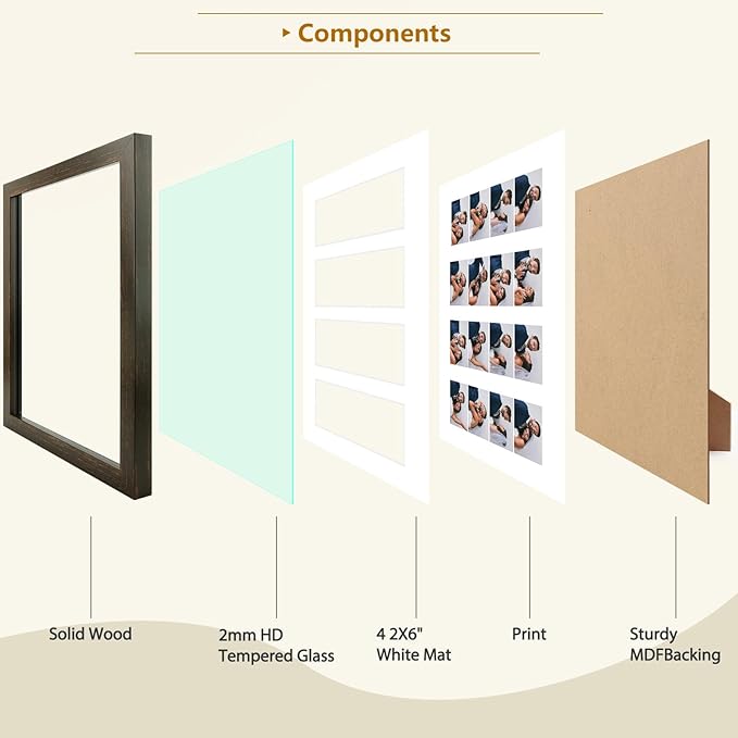 Golden State Art Photo Booth Picture Frame - 8.5x11 Frame with White Mat for 4 2X6 Film Strip Picture Display - Solid Wood with Tempered Glass - Dark Brown (1 Pack)