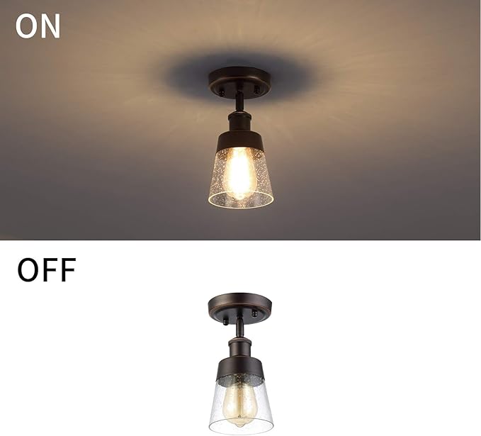 Rustic Glass Flush Mount Light Fixture Mini Clear Seeded Glass Shade Semi Flush Mount Ceiling Light for Hallway Farmhouse Kitchen Entryway, Oil Rubbed Bronze