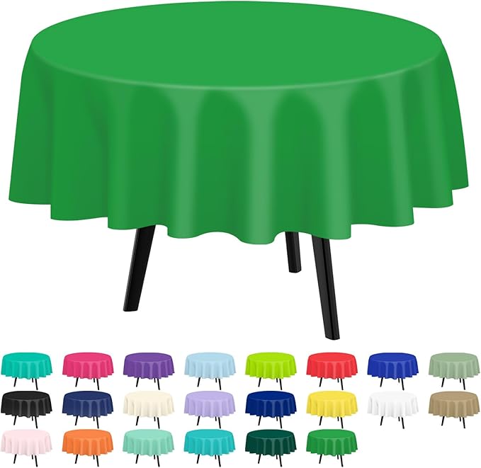 QIKSION Green Round Tablecloth 12 Pack, 84 Inch Plastic Table Cover Disposable for Parties