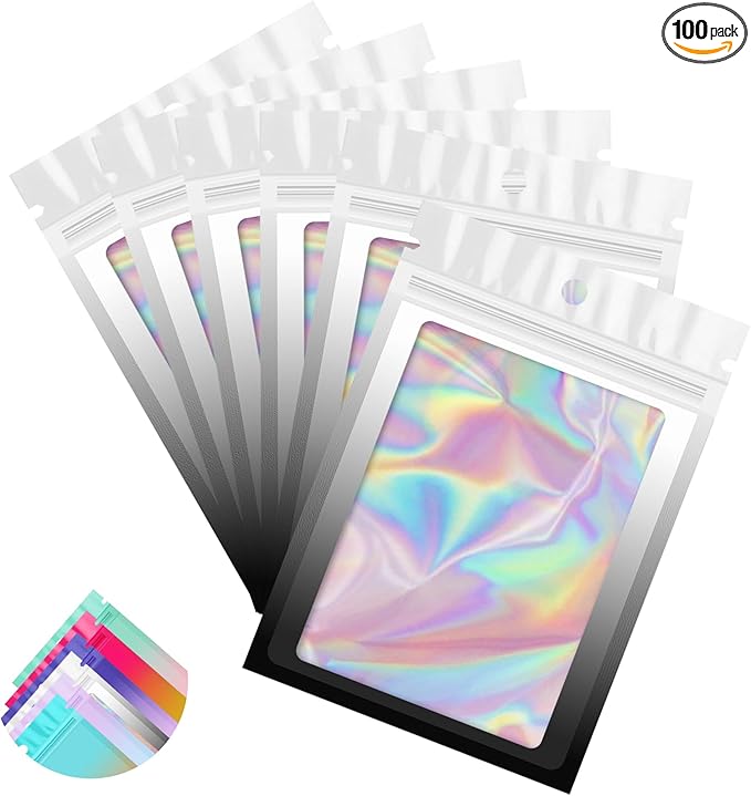 Funfery 100 Pack Gradient Holographic Bags,Resealable Bags with Zipper,Clear Window Packaging Pouchs,Foil Bag for Food Storage,Sample Jewelry Bag(4×6In,White Black)