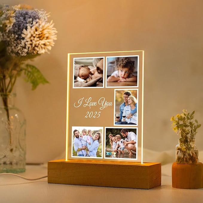 Custom Picture Frames with Photo, Customized Photo Frame with Night Light, Personalized Photo Frame, Personalized Birthday Gifts for Women Men Kid Baby Family Friend