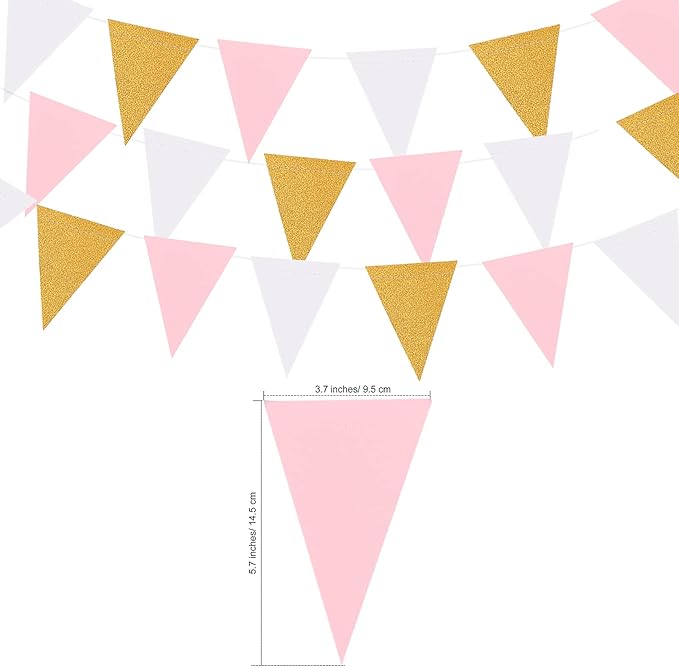 MerryNine Triangle Flag Bunting Banner, 3 Pack 30 Feet Vintage Style Pennant Banner for Wedding, Baby Shower, Event & Party Supplies 45pcs Flags (Triangle Flag - Pink White Gold Glitter)
