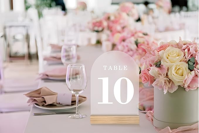 Wedding Table Numbers 1-15, Acrylic Arch Signs with Natural Wood Stands Holders, Rustic Table Decor for Reception & Parties (Frosted White)