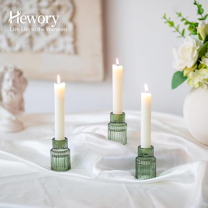 Hewory Glass Taper Candle Holders: 10 PCS Green Vintage Candle Holder Candlestick Holders Bulk, Ribbed Glass Candle Holder Candle Sticks Holder Decor for Table Centerpiece Wedding Christmas Home Decor