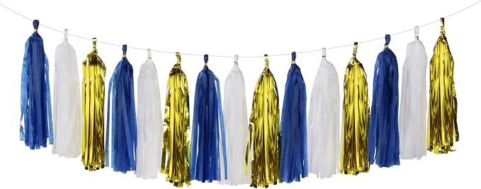Navy-Blue White-Gold Tassel Garland Streamers- 15pcs Tissue Paper Tassels Banner Party Decorations Men Boy Birthday Graduation Bachelorette Engagement Backdrop Hanging Decor Panduola