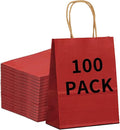 BAG BOX 100 Pack Medium 8.25x4.3x10.6 Inch Red Kraft Paper Gift Bags with Handles for Bulk Shopping, Retail, Craft, Party Favors, Wedding, Grocery & Sacks