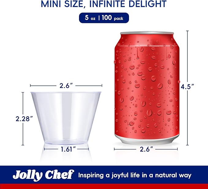 JOLLY CHEF 5 oz 100 Pack Small Clear Disposable Cups, Disposable Plastic Shot Glasses for Parties, Plastic Cocktail Glasses Wedding Tumblers, Perfect for Halloween Thanksgiving Christmas