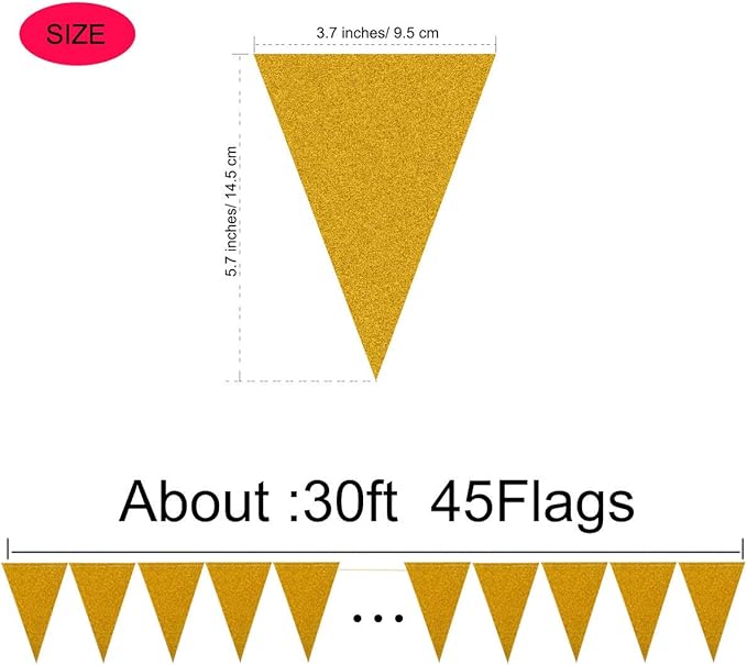 MerryNine Triangle Flag Bunting Banner, 3 Pack 30 Feet Vintage Style Pennant Banner for Wedding, Baby Shower, Event & Party Supplies 45pcs Flags (Triangle Flag - Gold Glitter)