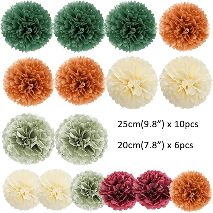 Fall Party Decorations 16pcs Orange Green Tissue Pom Pom Decorations Burgundy Sage Green Fall Decorations for Autumn Bridal Shower Baby Shower Wedding Birthday Engagement Party Decorations