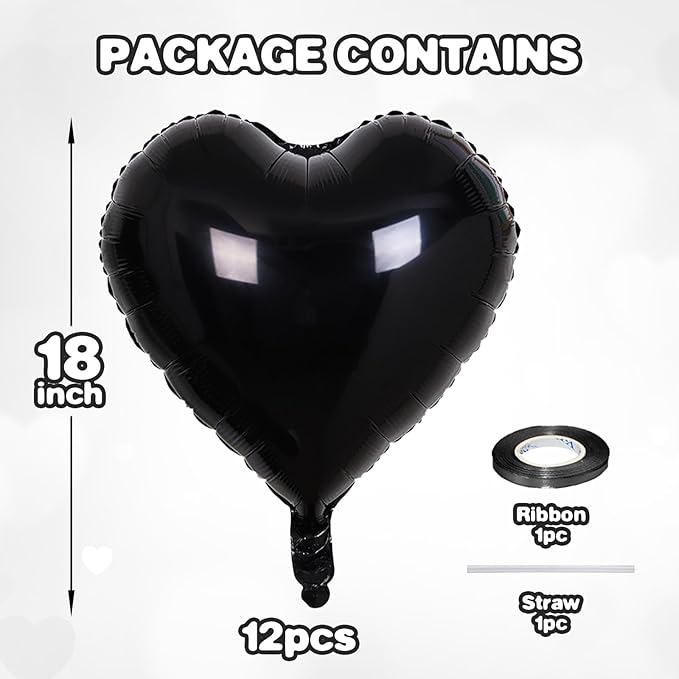 12 Pcs Heart Balloons, 18 inch Black Heart Shaped Balloons, Big Foil Helium Balloon, Love Foil Balloon for Wedding Baby Shower Anniversary Backdrop Valentine Party Decorations