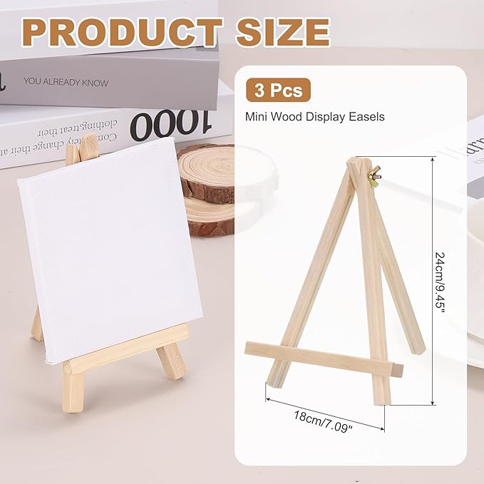 MECCANIXITY Mini Wood Display Easels, 9.4"x7.1"A-Frame Painting Tabletop Easels Holder Stand for Artists Beginners Displaying Small Canvases Art Photos Business Cards(Pack of 3, Wood Color)
